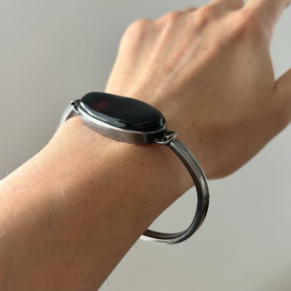 Vintage Cherry Amber Sterling Silver Hinged Bracelet Modernist Style - Picture 8 of 8